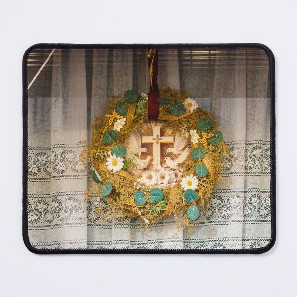 Item preview, Rustic Floral Wreath With Cross, Daisies, And Greenery Displayed On Lace Curtain In A Home Decor Style designed and sold by Nmallia.
