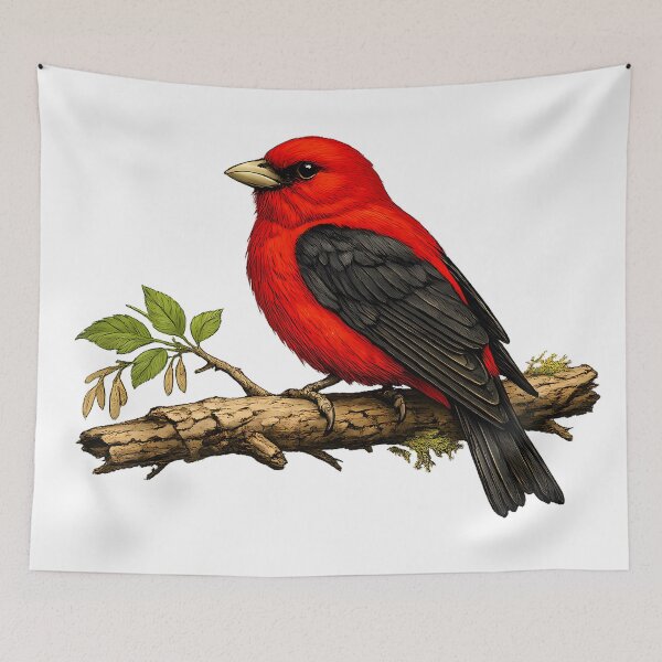 Item preview, Scarlet tanager on a branch in the forest designed and sold by Daily Quirk.