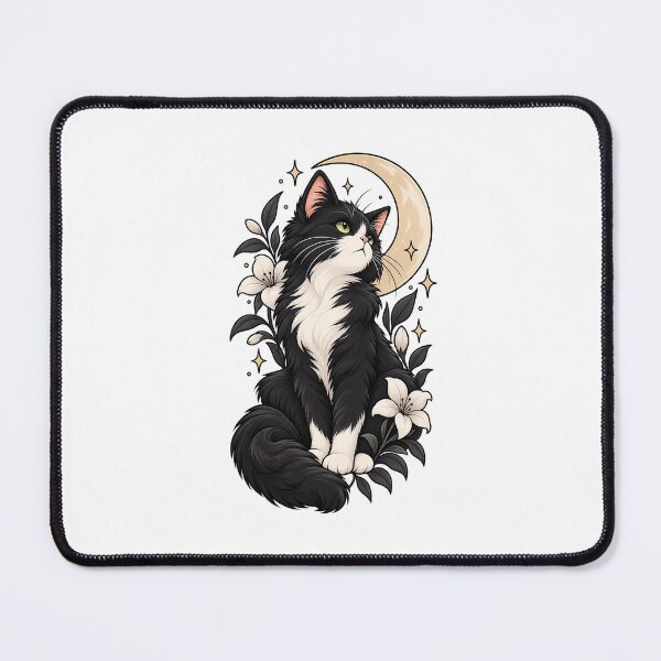 Item preview, Black and White Smoking Cat Under the Moon, Mystical Illustration with Lilies designed and sold by SociallyDeadClub.