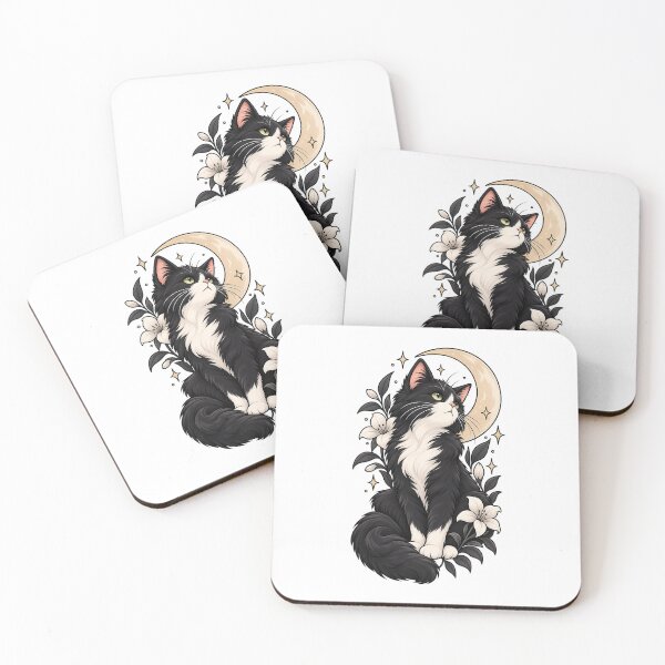 Item preview, Black and White Smoking Cat Under the Moon, Mystical Illustration with Lilies designed and sold by SociallyDeadClub.