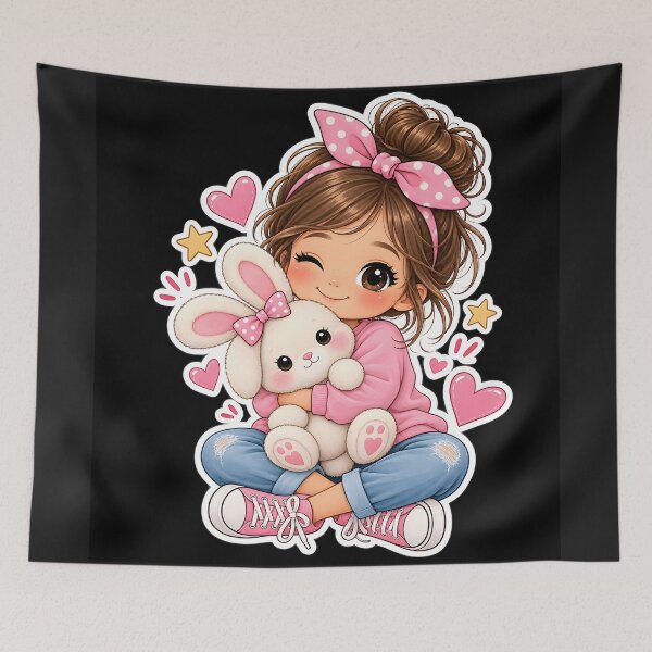 Item preview, Cute Girl with Bunny – Kawaii Pink Sticker Illustration designed and sold by DoveArtDesigns.