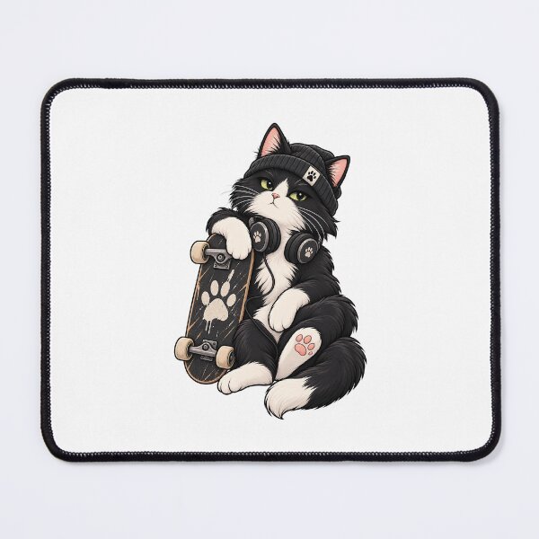 Item preview, Black and White Skater Cat with Beanie and Headphones designed and sold by SociallyDeadClub.
