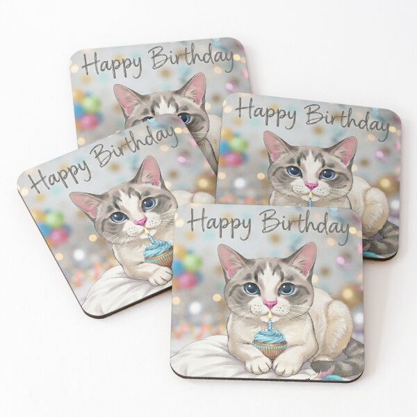 Item preview, Cute Cat Happy Birthday Cupcake Blue Tone  designed and sold by PetalsPaws.