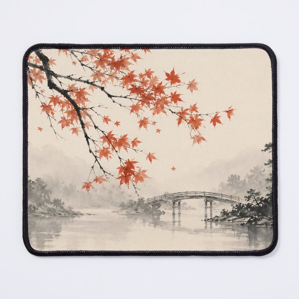 Item preview, Japanese Maple Watercolor Bridge River Autumn Mist designed and sold by Jozefin's Studio.