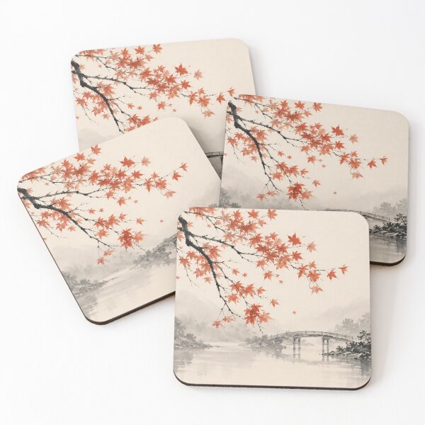 Item preview, Japanese Maple Watercolor Bridge River Autumn Mist designed and sold by Jozefin's Studio.