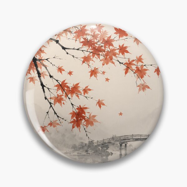 Item preview, Japanese Maple Watercolor Bridge River Autumn Mist designed and sold by Jozefin's Studio.