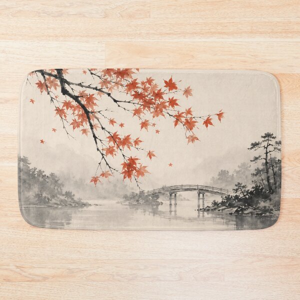 Item preview, Japanese Maple Watercolor Bridge River Autumn Mist designed and sold by Jozefin's Studio.