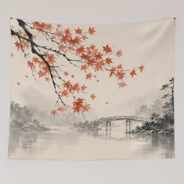 Item preview, Japanese Maple Watercolor Bridge River Autumn Mist designed and sold by Jozefin's Studio.