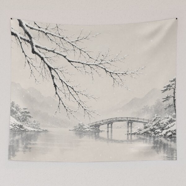 Item preview, Japanese Winter Landscape Ink Painting Snow Bridge designed and sold by Jozefin's Studio.