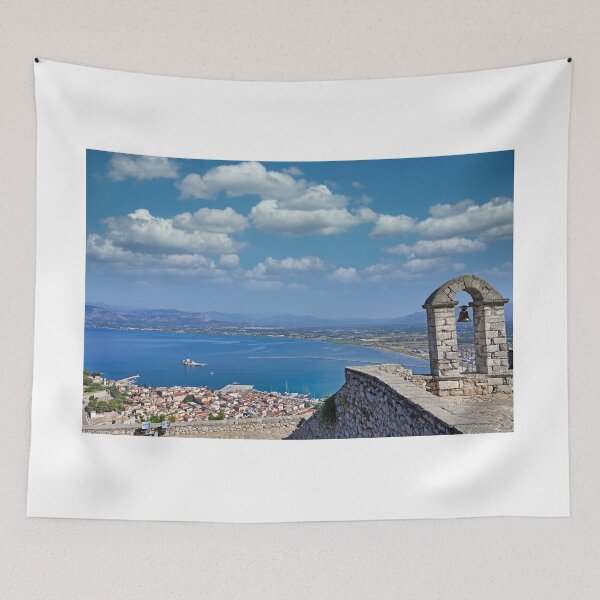 Item preview, Historic Stone Bell Tower at Palamidi Fortress Overlooking Nafplio Harbor and Bourtzi Castle, Greece designed and sold by goceris.
