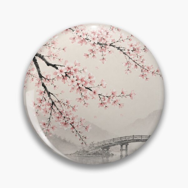 Item preview, Cherry Blossom Ink Painting Bridge Misty River designed and sold by Jozefin's Studio.