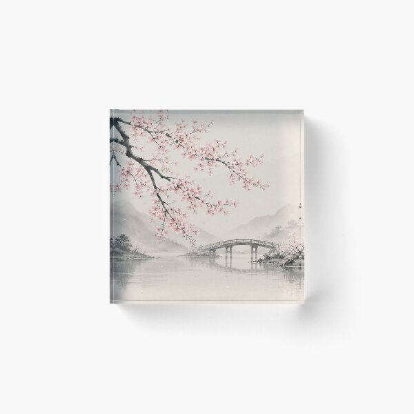 Item preview, Cherry Blossom Ink Painting Bridge Misty River designed and sold by Jozefin's Studio.