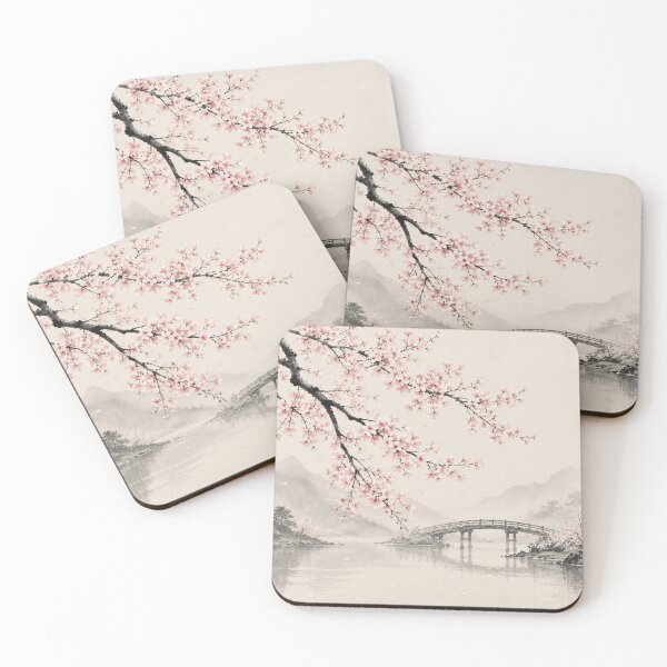 Item preview, Cherry Blossom Ink Painting Bridge Misty River designed and sold by Jozefin's Studio.