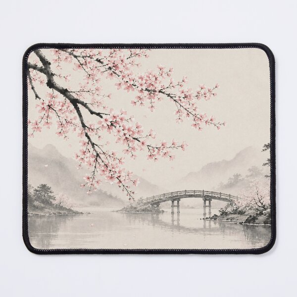 Item preview, Cherry Blossom Ink Painting Bridge Misty River designed and sold by Jozefin's Studio.