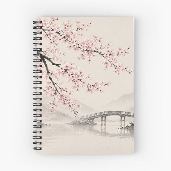 Item preview, Cherry Blossom Ink Painting Bridge Misty River designed and sold by Jozefin's Studio.