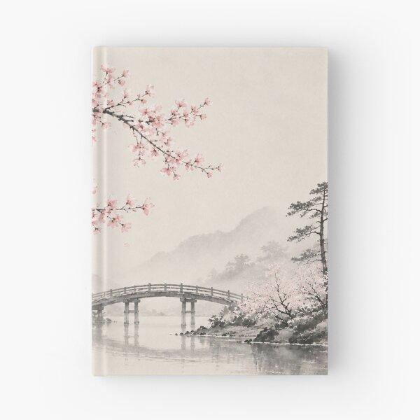 Item preview, Cherry Blossom Ink Painting Bridge Misty River designed and sold by Jozefin's Studio.