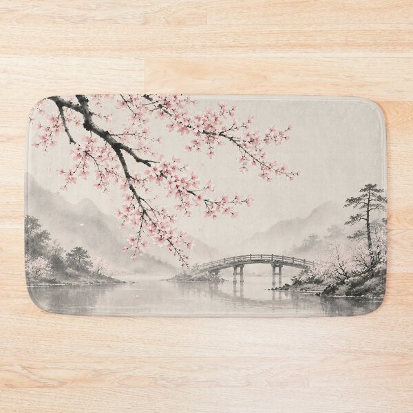 Item preview, Cherry Blossom Ink Painting Bridge Misty River designed and sold by Jozefin's Studio.