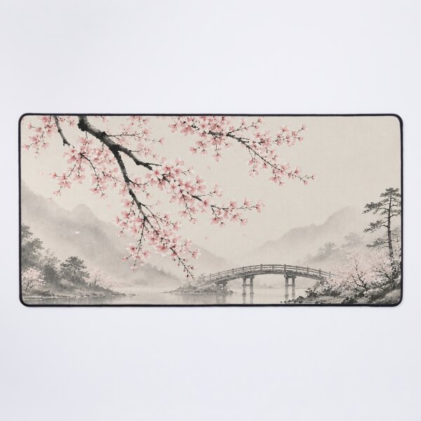 Item preview, Cherry Blossom Ink Painting Bridge Misty River designed and sold by Jozefin's Studio.