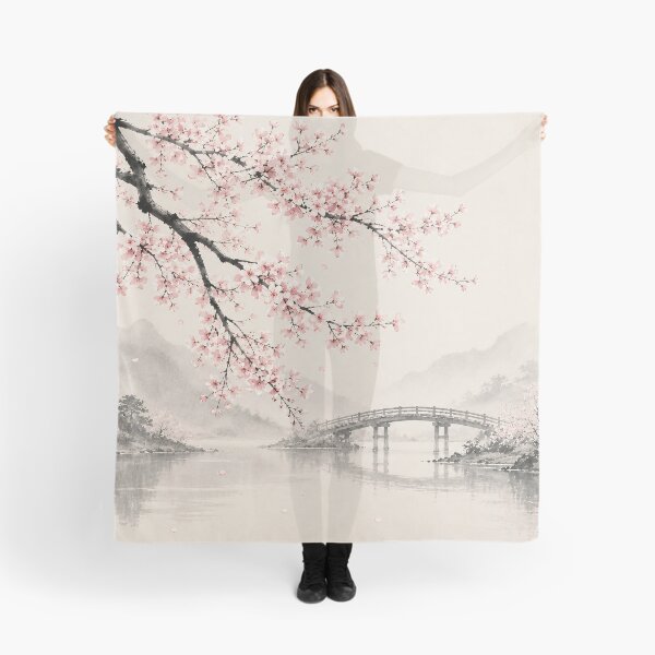 Item preview, Cherry Blossom Ink Painting Bridge Misty River designed and sold by Jozefin's Studio.