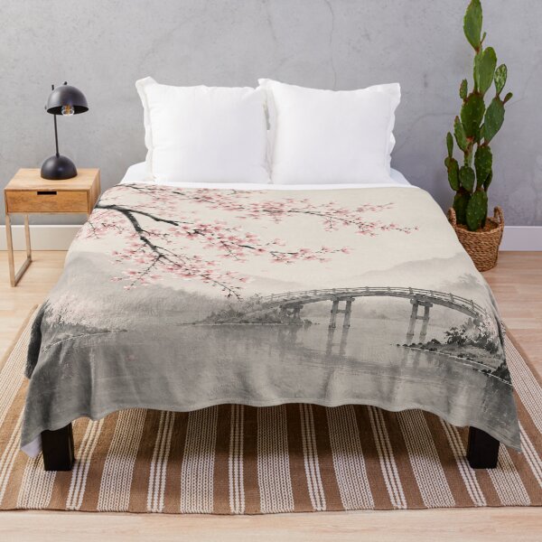 Item preview, Cherry Blossom Ink Painting Bridge Misty River designed and sold by Jozefin's Studio.