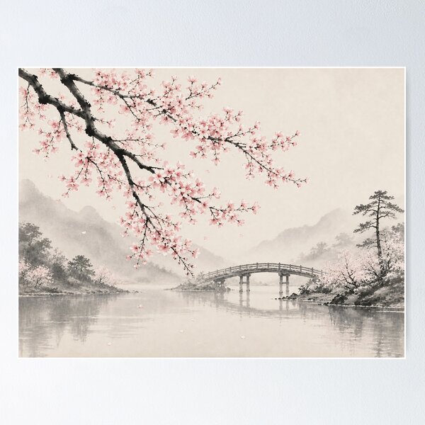Item preview, Cherry Blossom Ink Painting Bridge Misty River designed and sold by Jozefin's Studio.
