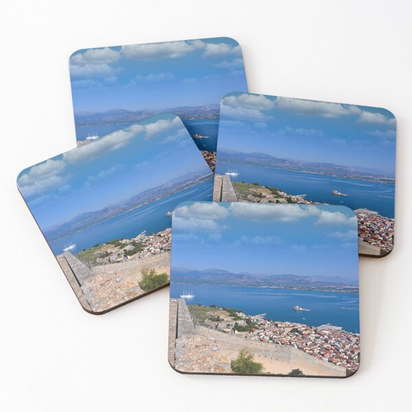 Item preview, Greek Flag Waving Over Palamidi Fortress with Panoramic View of Nafplio and Argolic Gulf designed and sold by goceris.