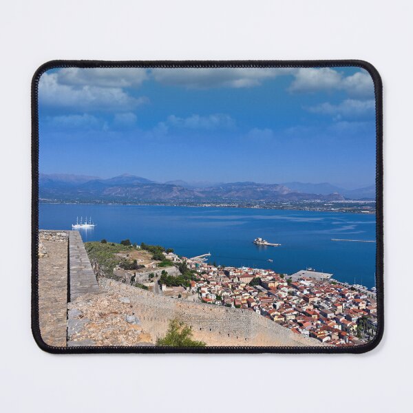 Item preview, Greek Flag Waving Over Palamidi Fortress with Panoramic View of Nafplio and Argolic Gulf designed and sold by goceris.