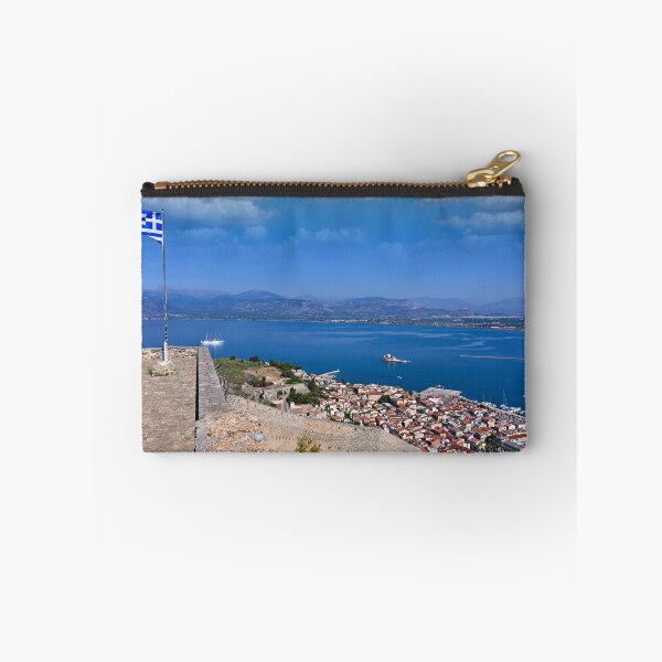 Item preview, Greek Flag Waving Over Palamidi Fortress with Panoramic View of Nafplio and Argolic Gulf designed and sold by goceris.
