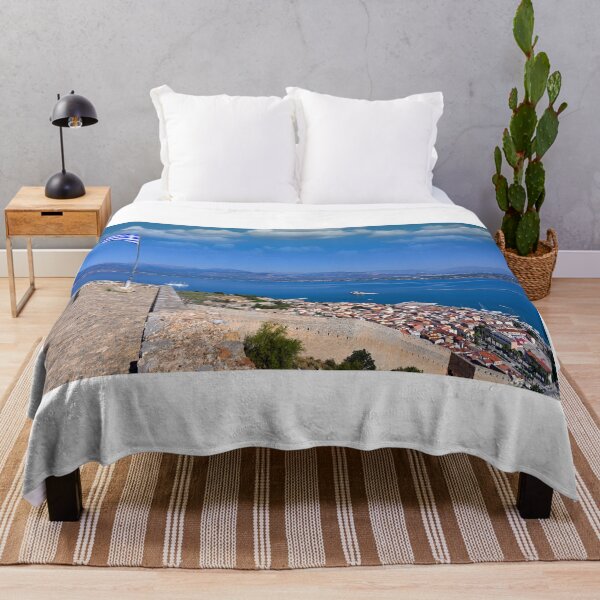 Item preview, Greek Flag Waving Over Palamidi Fortress with Panoramic View of Nafplio and Argolic Gulf designed and sold by goceris.