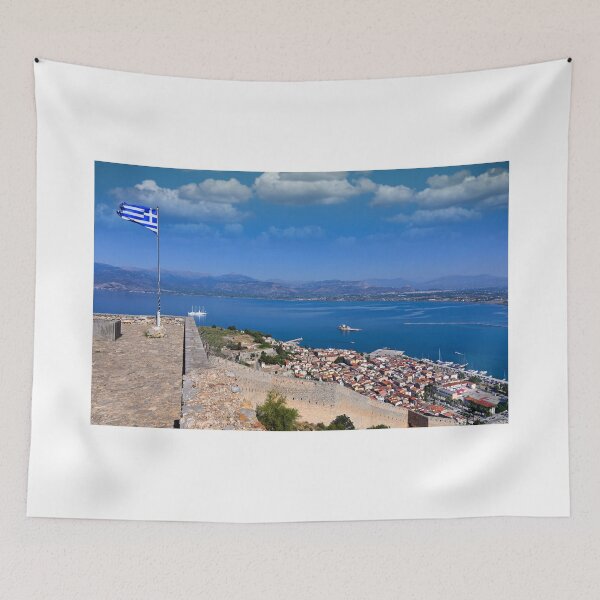 Item preview, Greek Flag Waving Over Palamidi Fortress with Panoramic View of Nafplio and Argolic Gulf designed and sold by goceris.