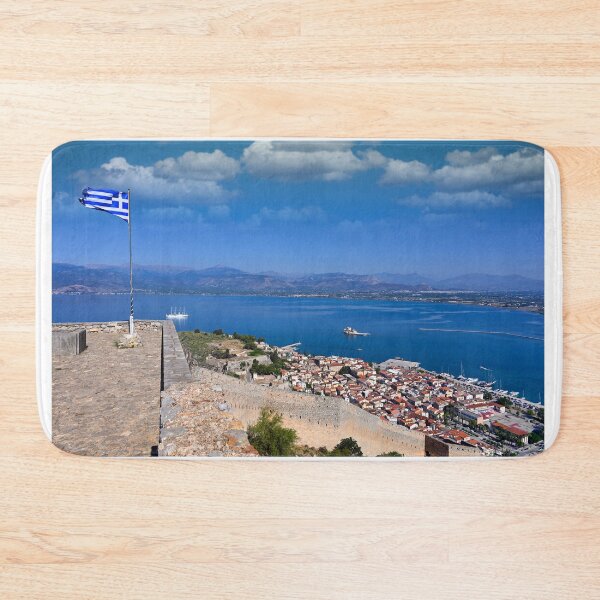 Item preview, Greek Flag Waving Over Palamidi Fortress with Panoramic View of Nafplio and Argolic Gulf designed and sold by goceris.