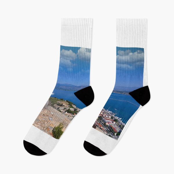 Item preview, Greek Flag Waving Over Palamidi Fortress with Panoramic View of Nafplio and Argolic Gulf designed and sold by goceris.