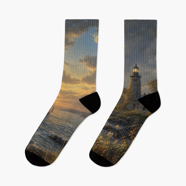 Item preview, Lake Ontario Lighthouse Sunset – Vintage Great Lakes Landscape Art designed and sold by DoReMiStudio.