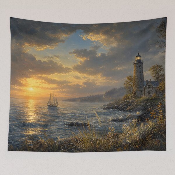 Item preview, Lake Ontario Lighthouse Sunset – Vintage Great Lakes Landscape Art designed and sold by DoReMiStudio.
