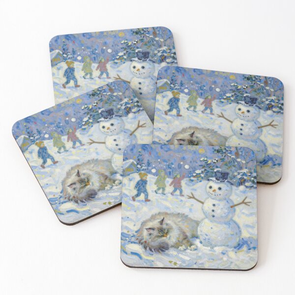 Item preview, Van Gogh Style Sleeping Siberian Cat and Snowman Winter Painting designed and sold by WildArtIT.