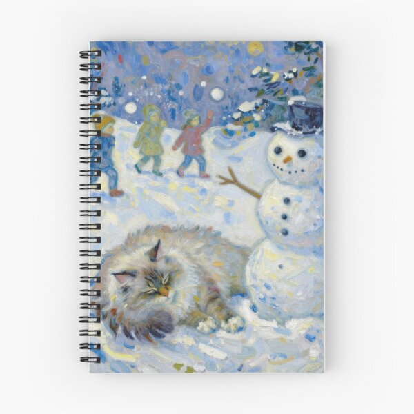Item preview, Van Gogh Style Sleeping Siberian Cat and Snowman Winter Painting designed and sold by WildArtIT.