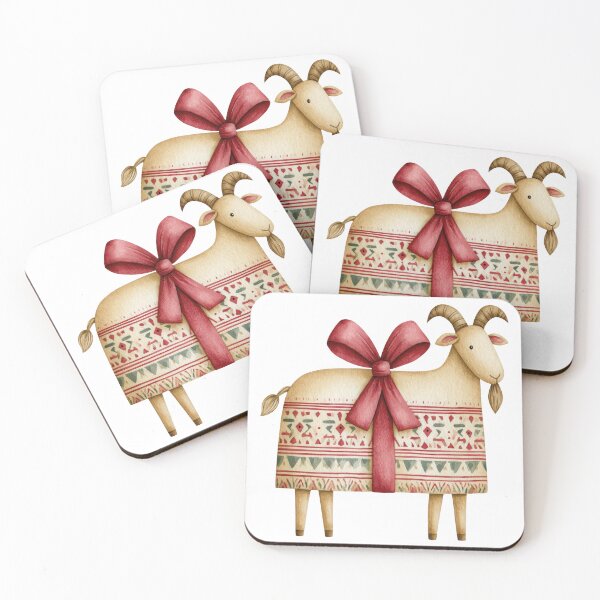 Item preview, Cute Folk Art Goat with Big Red Bow and Nordic Ornament designed and sold by VikArt7.
