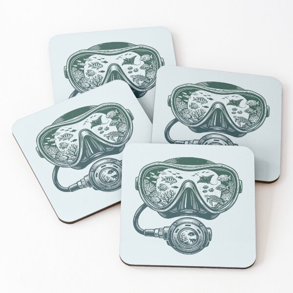 Item preview, Scuba Diving Ocean World Woodcut Linocut Art Dive Mask designed and sold by KiwiRider.