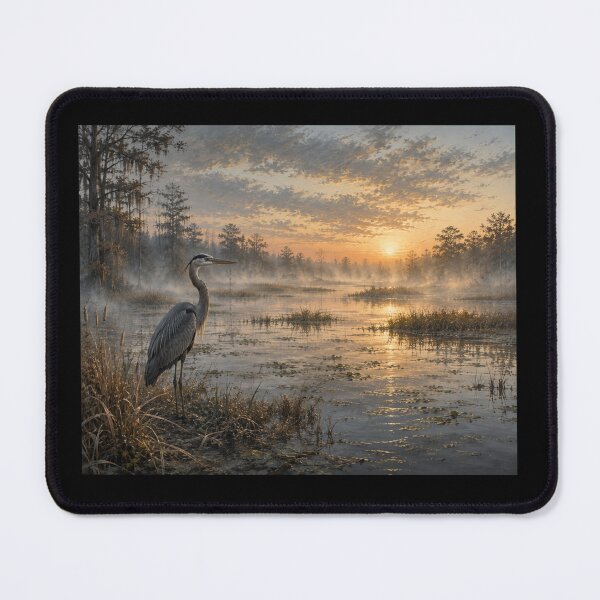 Item preview, Great Blue Heron in Misty Wetlands, Peaceful Marsh Landscape, Wildlife Nature Art designed and sold by SusanSweetArt.