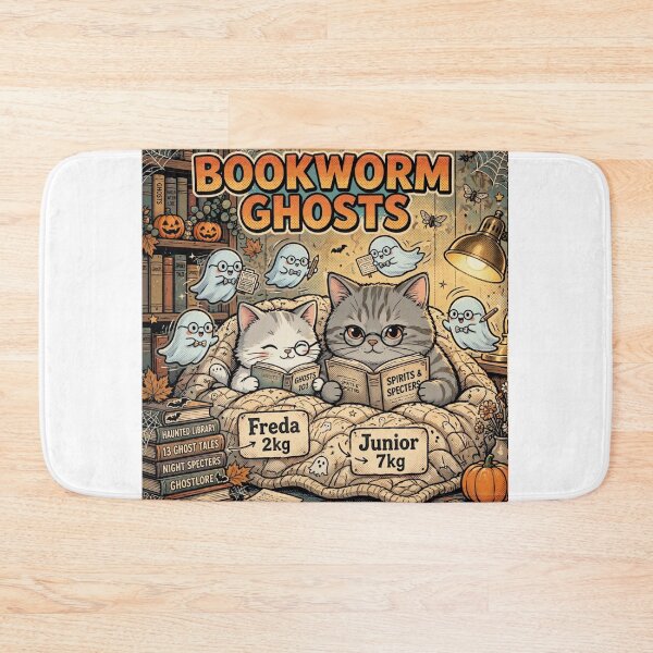 Artikelvorschau, Freda and Junior Bookworm Ghosts Kawaii Halloween Cats Reading Cozy entworfen und verkauft von MAISON SYLVIE.