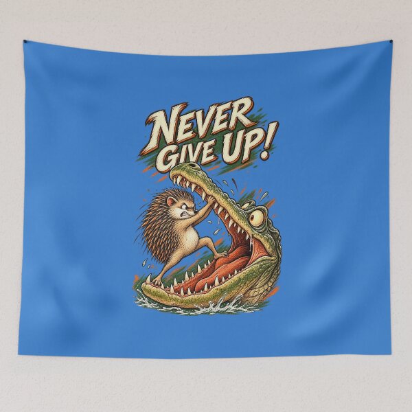 Item preview, Never Give Up – Brave Hedgehog vs Alligator Motivational Retro Art designed and sold by SVox.