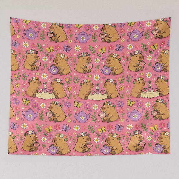 Item preview, Capybara Flower Crown Tea Party Pattern designed and sold by Soft Berry Studio.