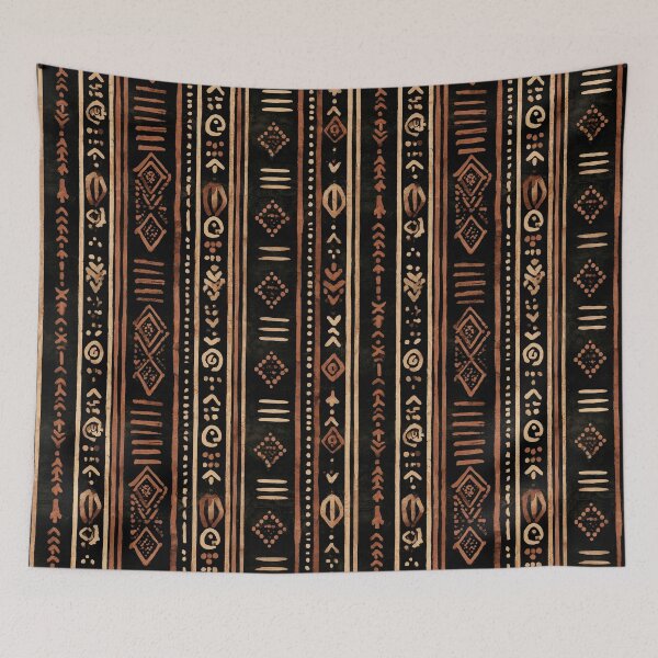 Artikelvorschau, Schlammtuch-Streifenmuster Terrakotta Creme Schwarz Batik entworfen und verkauft von Nine Lives Studio.