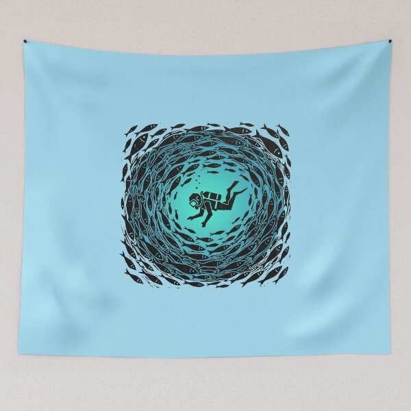Item preview, Scuba Diver Ocean Fish Tornado Woodcut Linocut Art designed and sold by KiwiRider.