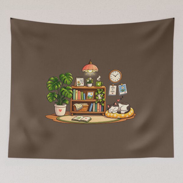 Item preview,  Cozy Cat Reading Nook – Cute Home Decor, Plants & Slow Living Illustration designed and sold by waikibi ⭐⭐⭐⭐⭐.