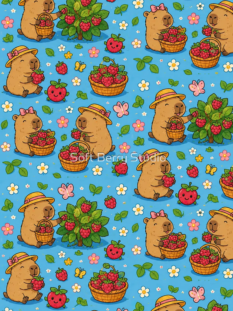 Thumbnail 4 of 4, iPhone Case, Cute Capybara Raspberry Garden Pattern designed and sold by Soft Berry Studio.