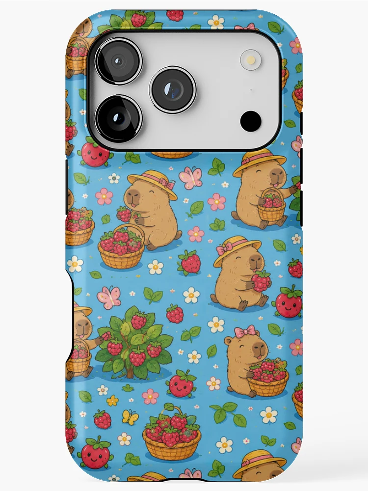 Thumbnail 1 of 4, iPhone Case, Cute Capybara Raspberry Garden Pattern designed and sold by Soft Berry Studio.
