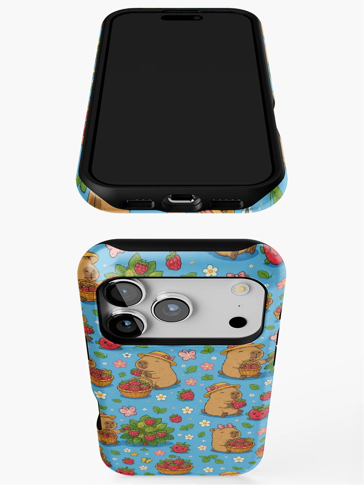 Thumbnail 3 of 4, iPhone Case, Cute Capybara Raspberry Garden Pattern designed and sold by Soft Berry Studio.