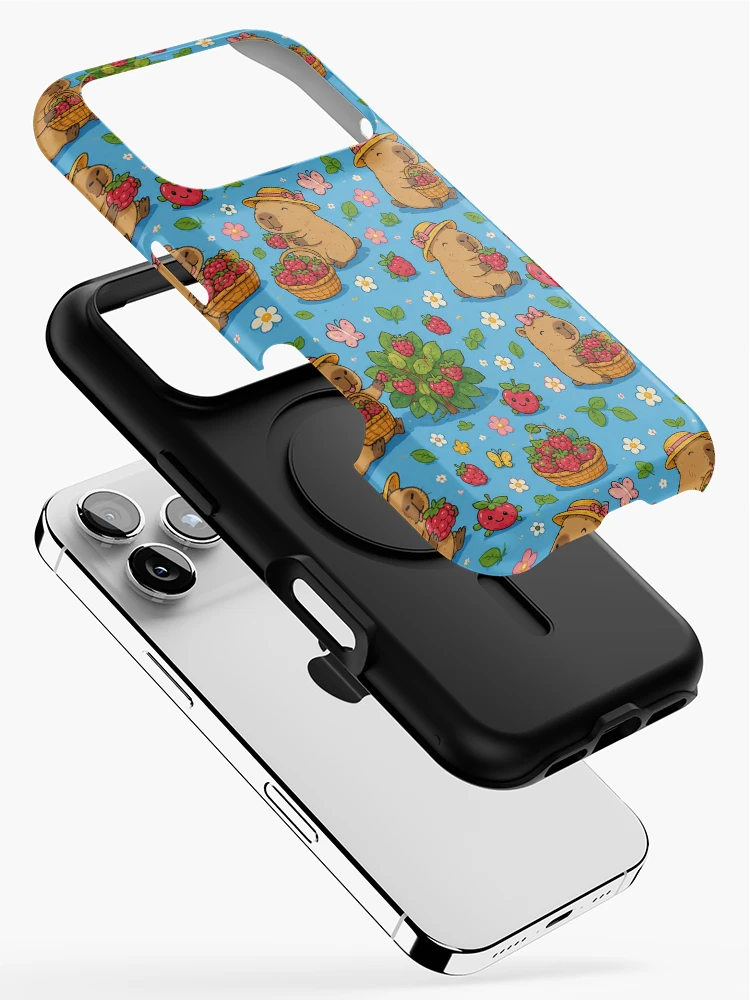 Thumbnail 2 of 4, iPhone Case, Cute Capybara Raspberry Garden Pattern designed and sold by Soft Berry Studio.