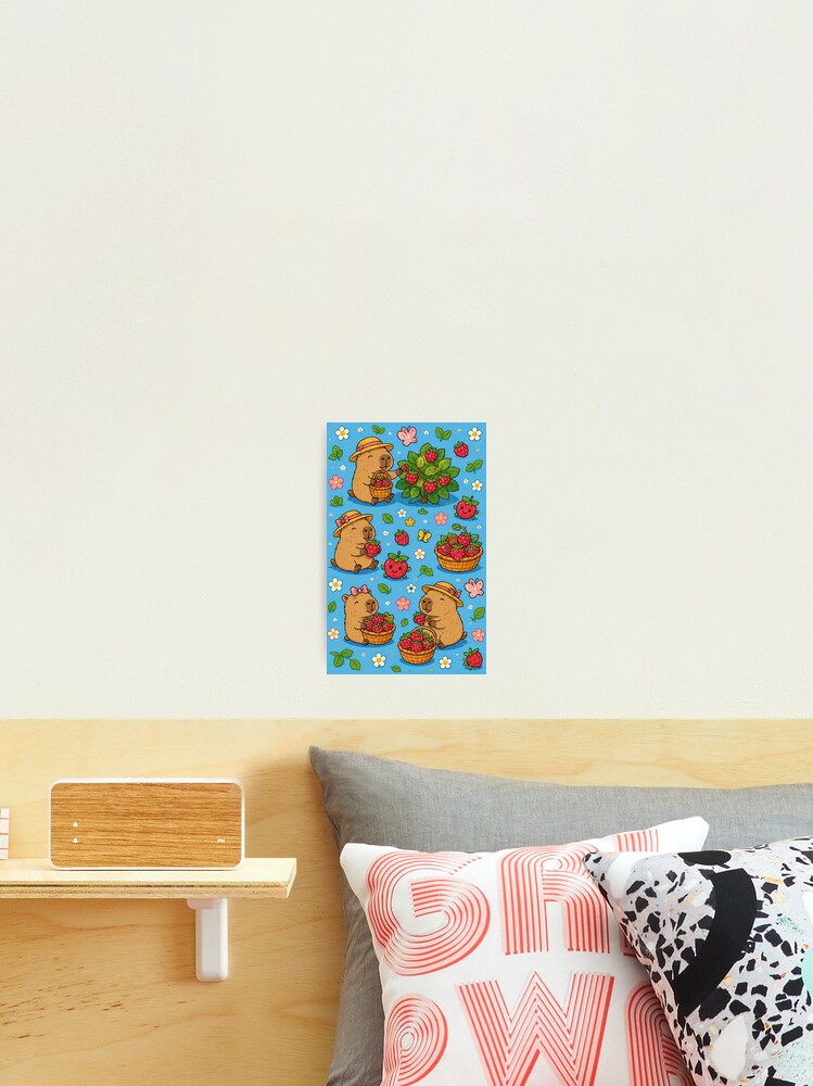 Thumbnail 2 of 3, Photographic Print, Cute Capybara Raspberry Garden Pattern designed and sold by SoftBerryStudio.